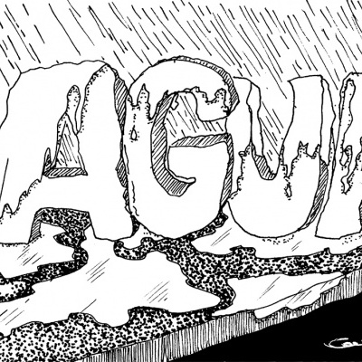 Desenho a preto e branco das letras AGUA feitas com efeitos de água a cair e escorrer.