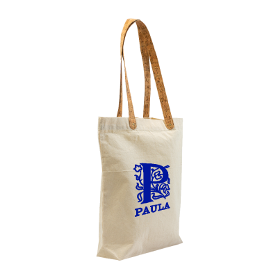 Saco de tecido bege com alças castanhas e texto azul PAULA