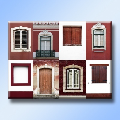 Quadro com nove imagens de janelas e portas variadas em diferentes cores e texturas.