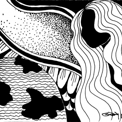 Desenho abstrato a preto e branco com linhas onduladas e manchas.