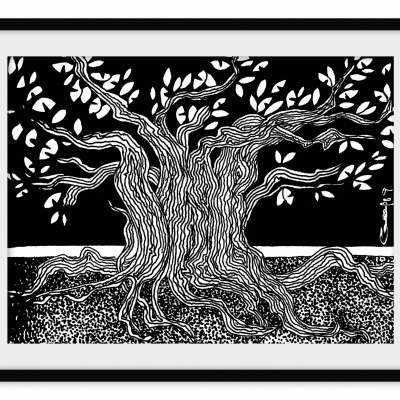 Quadro preto e branco com ilustração de árvore com folhas estilizadas e tronco texturizado