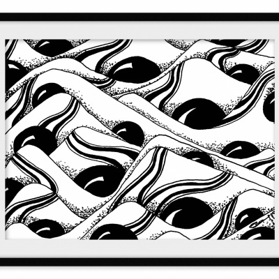 Padrão abstrato preto e branco com formas onduladas e círculos