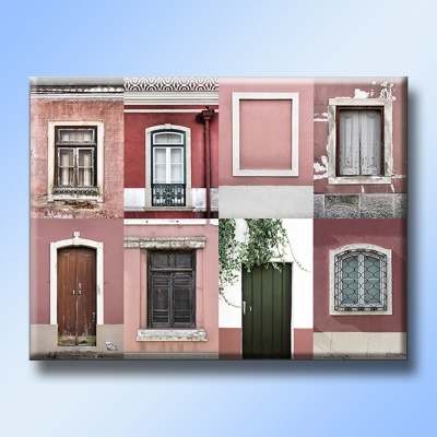 Quadro decorativo com colagem de portas e janelas rosa e vermelhas