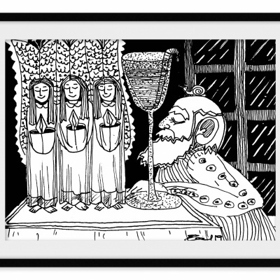 Ilustração a preto e branco de figuras angelicais e homem idoso com taça numa mesa perto de janela.