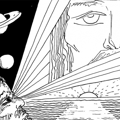 Desenho a preto e branco de homem olhando para pôr do sol com planetas e rosto grande emitindo luzes