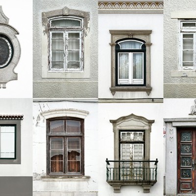 Colagem de janelas e porta antigas variadas em edifícios com diferentes molduras e texturas