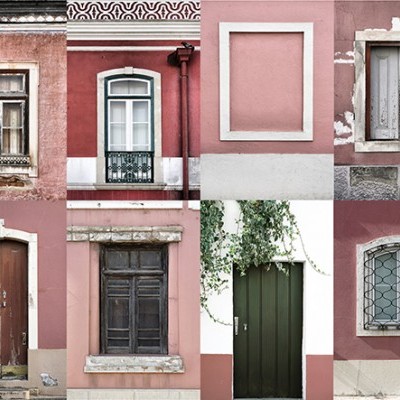 Colagem de janelas e portas antigas em tons de rosa e vermelho