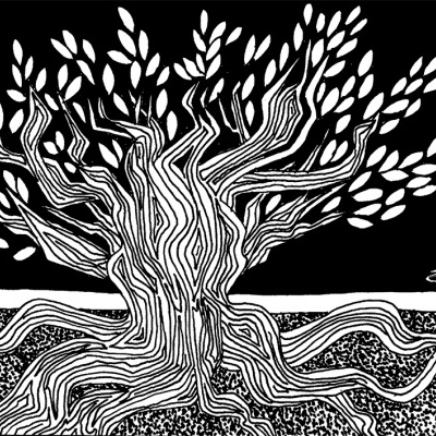 Desenho a preto e branco de uma árvore com folhagem e raízes onduladas