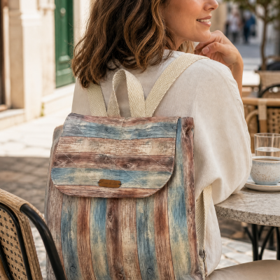 Mochila de tecido com padrão de tábuas de madeira coloridas em azul, vermelho e bege, com alças de tecido cru, vista de costas numa mulher sentada numa cadeira de rattan.