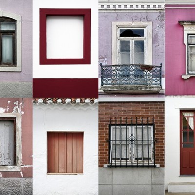 Oito janelas e portas variadas em fachadas coloridas com diferentes estilos e materiais