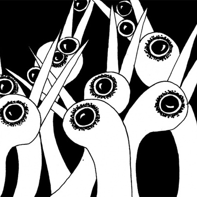 Desenho preto e branco de tesouras com olhos nas lâminas