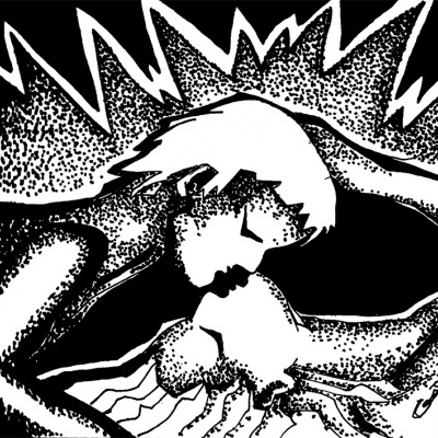 Ilustração preto e branco de duas pessoas a beijar-se com efeitos gráficos ao fundo