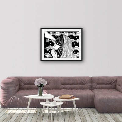 Sofá rosa envelhecido, mesas brancas, ilustração preto e branco acima do sofá