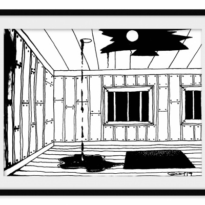 Ilustração a preto e branco de sala com janela, tapete e mancha no teto