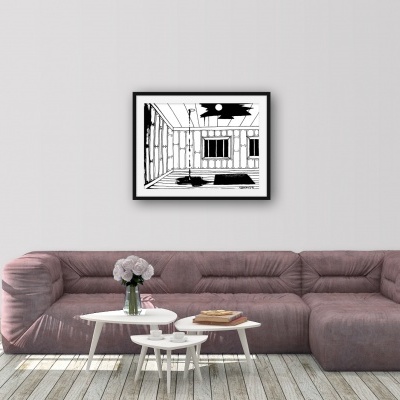 Sofá modular rosa antigo em sala com mesas brancas e quadro preto e branco na parede.