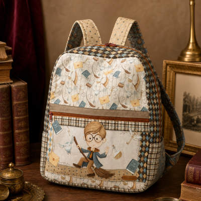 Mochila com padrão quadriculado e ilustração de rapaz com óculos numa vassoura