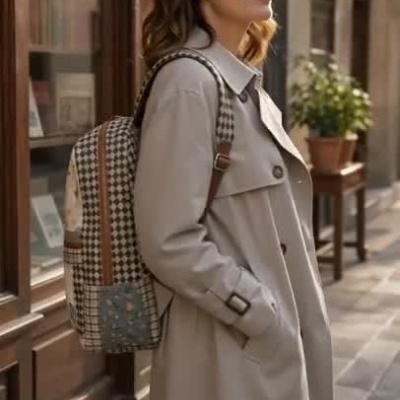 Mulher com mochila estampada em rua urbana