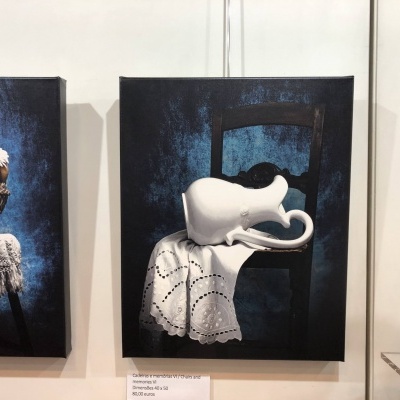 Quadro artístico com elefante branco em cadeira preta e tecido rendado