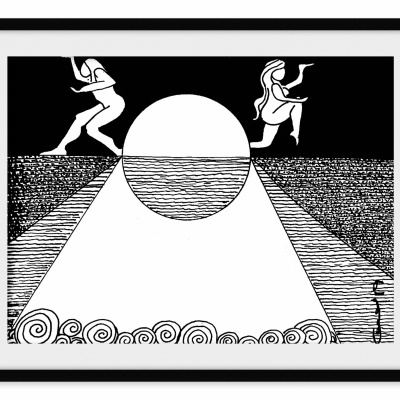 Ilustração preta e branca com figuras humanas, sol e padrões de água e sombra