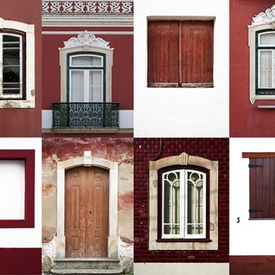 Colagem de janelas e portas com estilos e cores variadas incluindo vermelho, branco e madeira castanha
