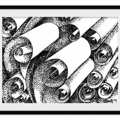 Quadro preto e branco com padrão de formas curvas e pontilhado