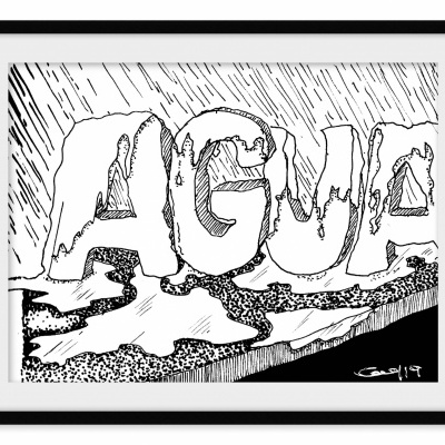 Quadro com desenho monocromático das letras AGUA derretendo como gelo