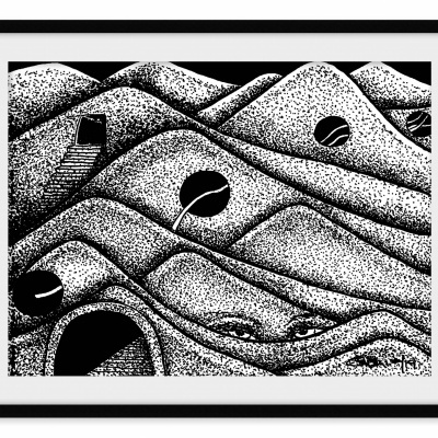 Ilustração a preto e branco com colinas pontilhadas e buracos redondos abstratos