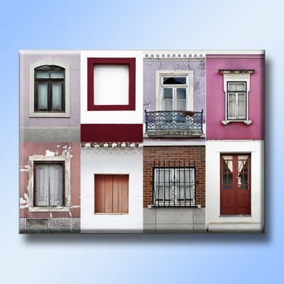 quadro decorativo com imagens de janelas e portas urbanas em várias cores e materiais