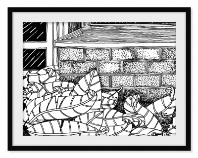 Quadro em preto e branco com moldura preta mostrando folhas com padrões lineares e parede de tijolos ao fundo.