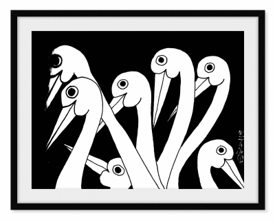 Ilustração a preto e branco de seis aves estilizadas numa moldura preta com passepartout branco