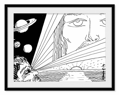 Ilustração a preto e branco de rostos e paisagem com sol e planetas