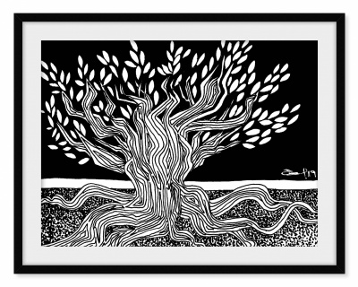 Ilustração preto e branco de árvore estilizada com tronco e raízes listradas em moldura preta