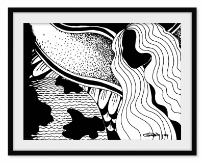 Poster artístico monocromático emoldurado com padrões ondulados em preto e branco.