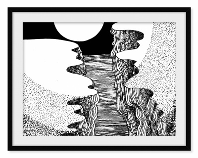 Desenho abstrato preto e branco emoldurado com formas onduladas e pontos