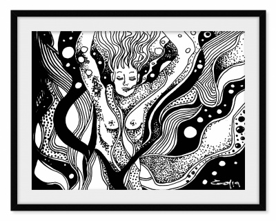 Ilustração em preto e branco de figura humana estilizada com padrões abstratos