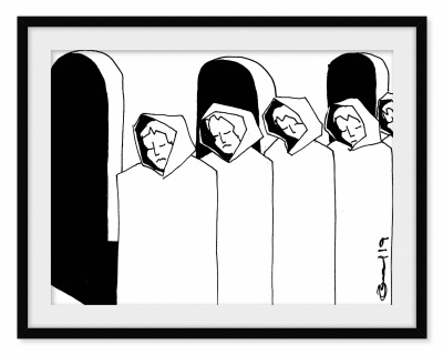 Desenho a preto e branco de quatro figuras com capuzes e arcos em fundo preto, num quadro com moldura negra.