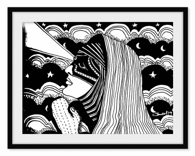 Quadro em preto e branco com rosto feminino estilizado e fundo decorativo