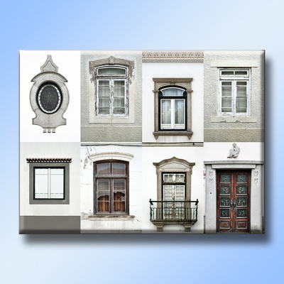 Várias janelas e uma porta em fachadas urbanas com molduras decorativas.