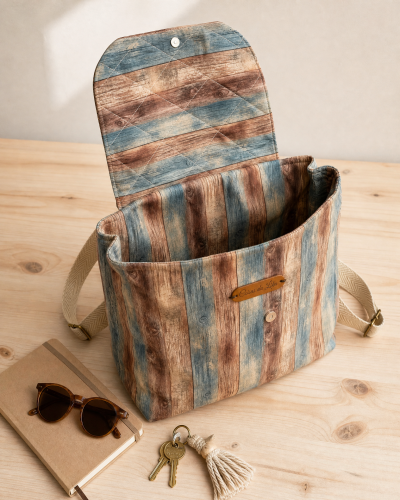 Mochila com padrão de madeira envelhecida em tons azuis, castanho e bege, com etiqueta de couro Coisas da Lika