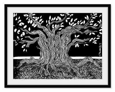 Quadro preto e branco com ilustração de árvore com folhas estilizadas e tronco texturizado