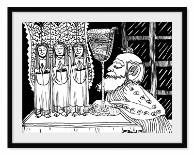 Ilustração a preto e branco de figuras angelicais e homem idoso com taça numa mesa perto de janela.