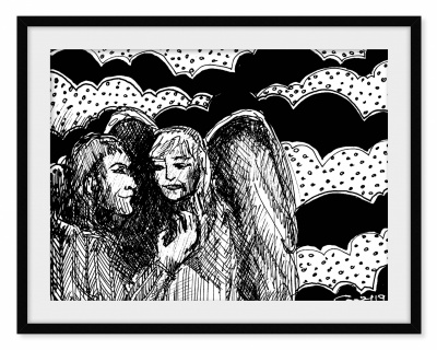 Ilustração a preto e branco de duas figuras angelicais com nuvens ao fundo