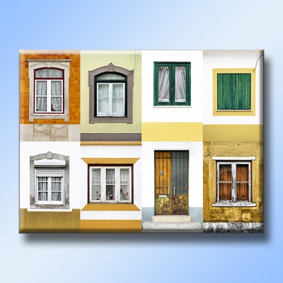 Colagem de oito fotografias de janelas e uma porta em vários estilos e cores