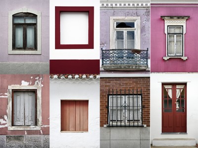 Oito janelas e portas variadas em fachadas coloridas com diferentes estilos e materiais