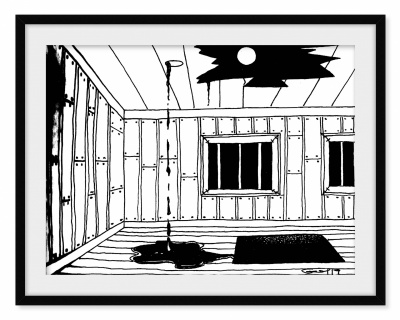 Ilustração a preto e branco de sala com janela, tapete e mancha no teto