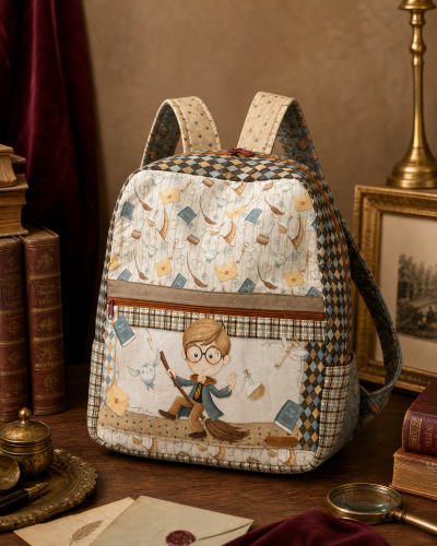 Mochila com padrão quadriculado e ilustração de rapaz com óculos numa vassoura
