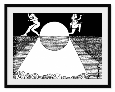 Ilustração preta e branca com figuras humanas, sol e padrões de água e sombra