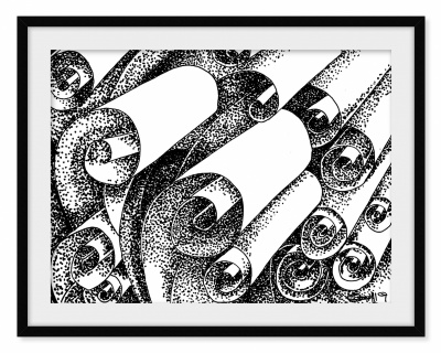 Quadro preto e branco com padrão de formas curvas e pontilhado