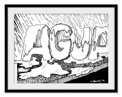 Quadro com desenho monocromático das letras AGUA derretendo como gelo