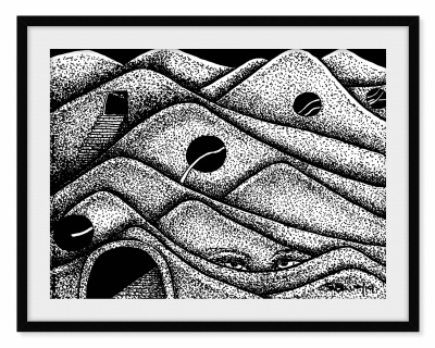 Ilustração a preto e branco com colinas pontilhadas e buracos redondos abstratos